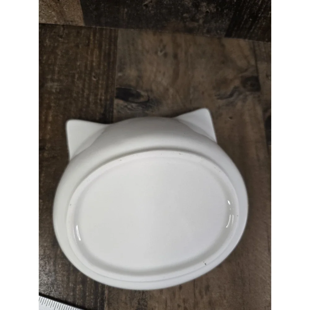 White Ceramic Cat Shaped Pet Bowl Blue Ears Sleeping Face Whisker Friendly Dish